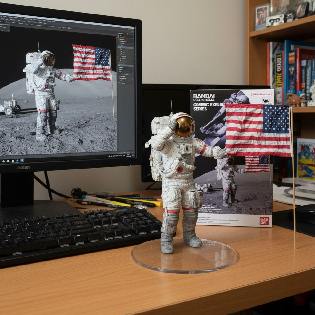 Diorama miniatur pendaratan bulan Apollo yang dihasilkan oleh nano-banana